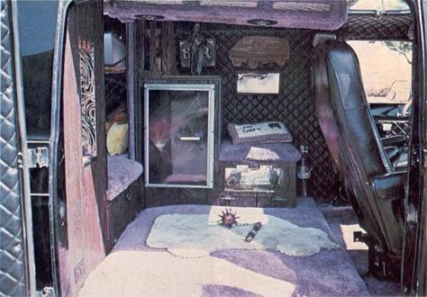 80s Van Interior, Hearse Car Custom Interior, Gothic Van Life, Goth Van Life, Goth Rv Interior, Hearse Interior, Goth Rv, Van Decoration Ideas, Van Upholstery