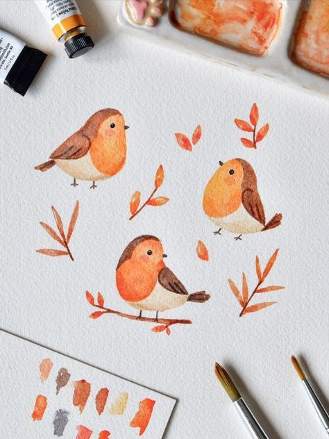 Original Little Robin Bird Painting - Cute Bird Illustration Doodle Watercolor Illustrations, Watercolor Animals Art, Beginner Painting Watercolor, Watercolor Kawaii Art, Fall Art Watercolor, Cute Watercolor Illustration, Watercolor Illustration Ideas, Watercolor Art Beginner, Fall Watercolor Ideas