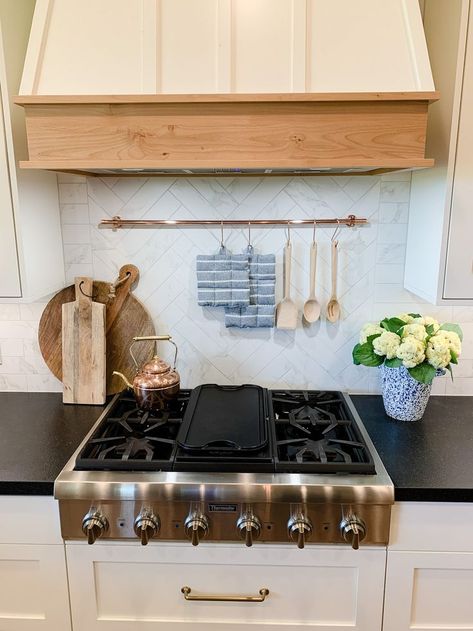 Hanging Rack Kitchen, Hanging Rods In Kitchen, Kitchen Utensil Rod, Pot Rack Under Range Hood, Utensil Rack Above Stove, Pot Rail Kitchen, Pot Hanger Above Stove, Pot Rack Above Stove, Pot Rack Above Island