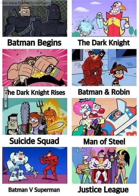 Superhero movies in Fairly OddParents Timmy Turner, Superhero Memes, Batman Begins, Batman Funny, Dc Memes, Batman V, Fresh Memes, Batman And Superman, Superhero Movies