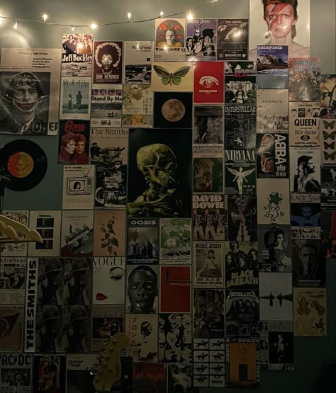 poster wall inspo, aesthetic posters, vintage posters Bedroom Covered In Posters, 80s Room Posters, Band Poster Room Decor, Metallica Aesthetic Poster, Postered Room, Messy Poster Wall, Poster Wall Set Up, Room Filled With Posters, Room Covered In Posters