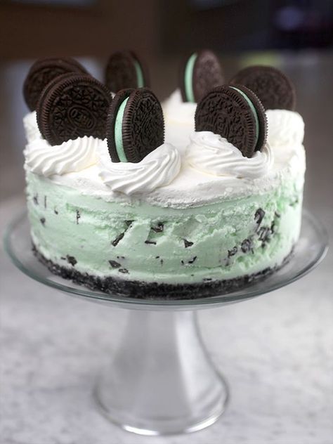 Mint Ice Cream Cake, Mint Chocolate Chip Ice Cream Cake, Springform Pan Recipes, Oreo Ice Cream Cake, Mint Chip Ice Cream, Mint Oreo, Oreo Ice Cream, Ice Cream Cake Recipe, Mint Chocolate Chip Ice Cream