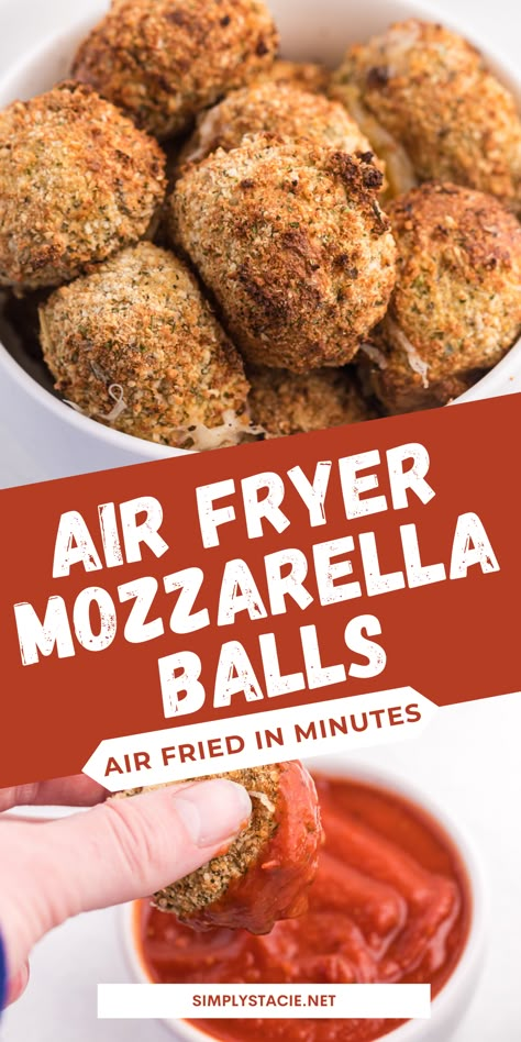 Two image collage of Air Fryer Mozzarella Balls. First image shows them in a white bowl. Second image shows a hand dipping a cheeseball into pizza sauce. Crispy Mozzarella Balls, Small Mozzarella Balls, Air Fried Mozzarella Balls, Mozzarella Balls Air Fryer, Mozzarella Appetizer Ideas, Appetizers Mozzerella Balls, Fresh Mozzeralla Balls Appetizer, Air Fryer Mozzarella Balls, Air Fryer Pizza Balls