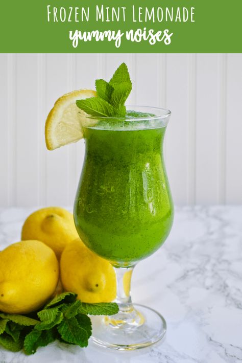 Frozen Mint Lemonade - Frozen lemonade gets a flavor boost from fresh mint leaves for a cool & refreshing slushy drink. | YummyNoises.com Lemon Mint Juice, Mint Juice, Slushy Drinks, Limeade Recipe, Vodka Mixes, Mint Drink, Mint Lemonade, Frozen Lemonade, Iced Tea Recipes