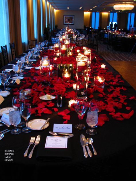 7-4-10-03 | The Mid-America Club | Flickr Wedding Reception Head Table, Reception Head Table, Black Red Wedding, Red Wedding Theme, Red Rose Wedding, Red Rose Petals, Dark Wedding, Reception Centerpieces, Long Table