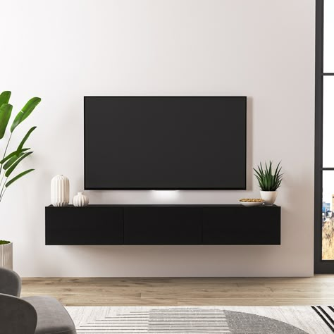 Floating Tv Console, Wall Mounted Media Console, Floating Tv Shelf, Floating Tv Unit, Floating Entertainment Center, Under Tv, Tv Mounting, Black Floating Shelves, Tv Consoles