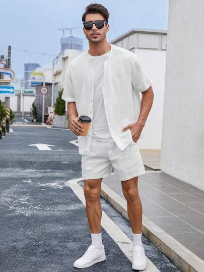 All White Mens Outfit Summer, Men In White Outfits, Mens White Shorts Outfit, White Outfits Men Casual, White Short Outfits Summer, All White Outfit Men Street Styles, White Summer Outfits Men, Men’s White Outfit, All White Outfit Men Casual