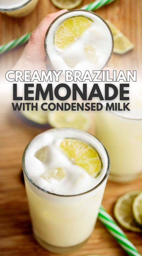 Glass of brazilian lemonade with condensed milk. Brazilian Lemonade Recipe, Brazilian Limeade, Good Lemonade Recipe, Brazilian Lemonade, Limeade Recipe, Homemade Lemonade Recipes, Fun Summer Drinks, Quick Breakfast Recipes, Lemonade Recipe