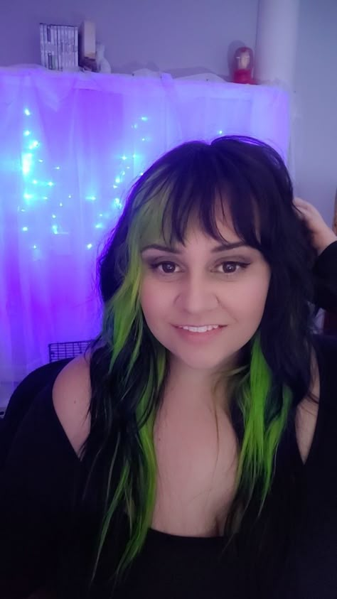 Girl women's cute hair style bangs Color spooky season green Style 2 Tone Green Hair, Neon Green Black Hair, Blonde And Neon Green Hair, Lime Green And Black Hair, Black Hair With Green Streaks, Black And Neon Green Hair, Black Hair With Green Highlights, Green Peekaboo Hair, Green Hair Streaks