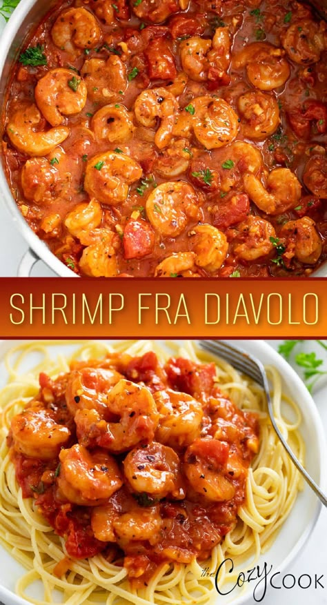 This Shrimp Fra Diavolo has perfectly cooked shrimp in a spicy, chunky tomato sauce! It's a great dinner idea to serve with pasta, or as an appetizer with crusty bread! Chunky Tomato Sauce, Shrimp Fra Diavolo, Fra Diavolo, Cooked Shrimp, Shrimp Dinner, Spicy Tomato Sauce, Shrimp Recipes For Dinner, Shrimp Recipes Easy, Shrimp Pasta Recipes