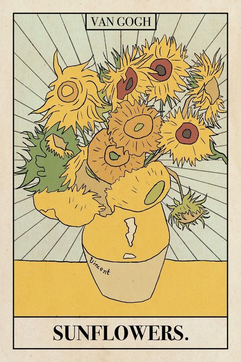 The Sun Tarot Card Illustration, Sunflower Tarot Card, Van Gogh Illustration Art, Sunflowers Vincent Van Gogh, Sunflower Aesthetic Drawing, Van Gogh Sunflower Tattoo, Sunflower Painting Van Gogh, Girasoles Van Gogh, Van Gogh Illustration