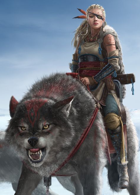 Leader of the pack by Alen Rocha Female Ranger, Giant Wolf, Wolf Rider, Viking Warrior Woman, Conifer Forest, Female Warriors, Viking Woman, Warrior Women, Eye Patch