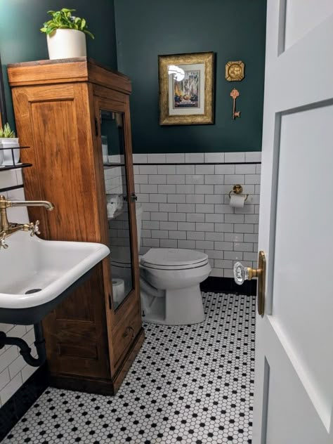 Billiard Green, Subway Tile Bathroom, Subway Tiles Bathroom, White Bathroom Tiles, Penny Tile, Toilet Sink, Tiles Bathroom, Black And White Tiles, Upstairs Bathrooms