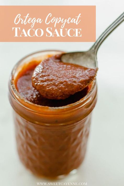 This recipe for easy homemade taco sauce tastes just like Ortega and is made from a simple can of tomato sauce and spices you likely have in your pantry already! #tacosauce #Mexicanfood #glutenfree #easyrecipe #vegan #allergyfriendly #sweetcayenne | www.sweetcayenne.com Ortega Taco Sauce Recipe, Mexican Taco Sauce, Thai Tacos, Taco Sauces, Taco Sauce Recipe, Homemade Taco Sauce, Taco Sauce Recipes, Sweet Taco, Beef Snacks