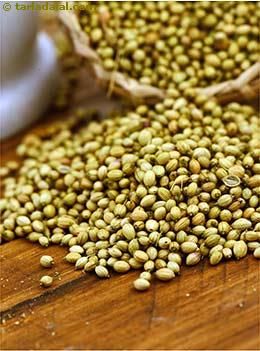 Coriander Seeds Glossary |Health Benefits, Nutritional Information + Recipes with Coriander Seeds | Tarladalal.com Coriander Plant, Herbs And Their Benefits, Medicinal Tea, Indian Kitchen, Nutritional Information, Upset Stomach, Coriander Powder, Garbanzo Beans, Spices And Herbs