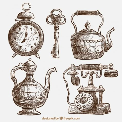 Pack of beautiful sketches of ancient ar... | Free Vector #Freepik #freevector Objects Drawing Sketches, Antique Objects Vintage, Cute Objects To Draw, Vintage Objects Aesthetic, Small Objects To Draw, Vintage Sketches Aesthetic, Vintage Drawing Sketches, Object Sketching, Sketches Of Objects