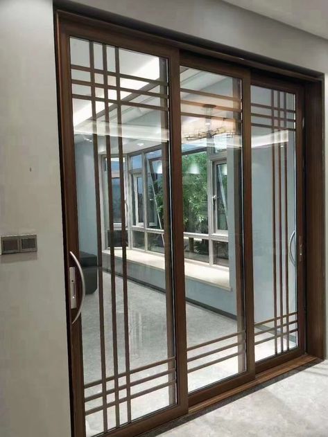 Wood Grain Aluminum Framed Multi Panel Sliding Door Aluminum Glass Door, Aluminium Glass Door, Sliding Doors Exterior, Wooden Sliding Doors, Aluminium Sliding Doors, Sliding Door Design, Doors Exterior, Glass Doors Interior, Hidden Door