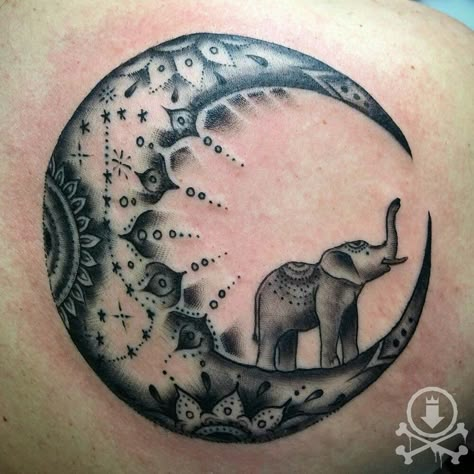 Elephant And Moon Tattoo, Elephant Mother Daughter Tattoo, Motherhood Tattoos Elephant, Mother And Daughter Tattoos Elephant, Elephant Tattoo Design For Women, Elephant Moon Tattoo, Elephant Memorial Tattoo, Elephant Remembrance Tattoos, Mandala Elephant Tattoo