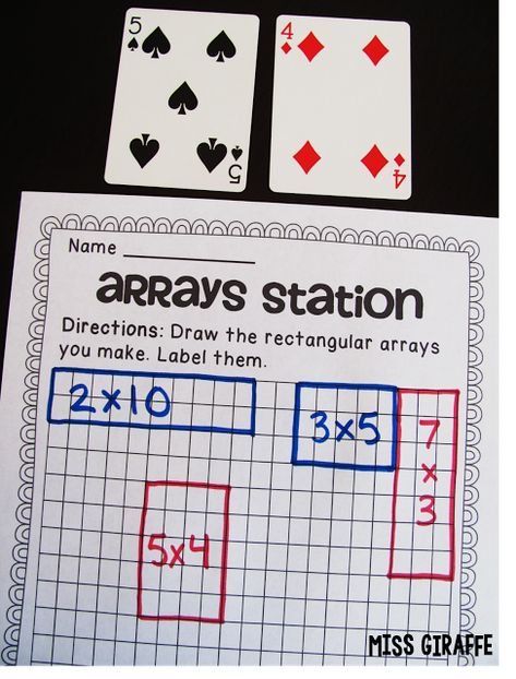 How to Teach Arrays blog post full of ideas - use playing cards to make arrays!! Click for math station instructions Teaching Perimeter, Making Arrays, Teaching Arrays, Multiplication Stations, 2nd Grade Math Centers, Grade 3 Math, Math Station, Repeated Addition, Math School