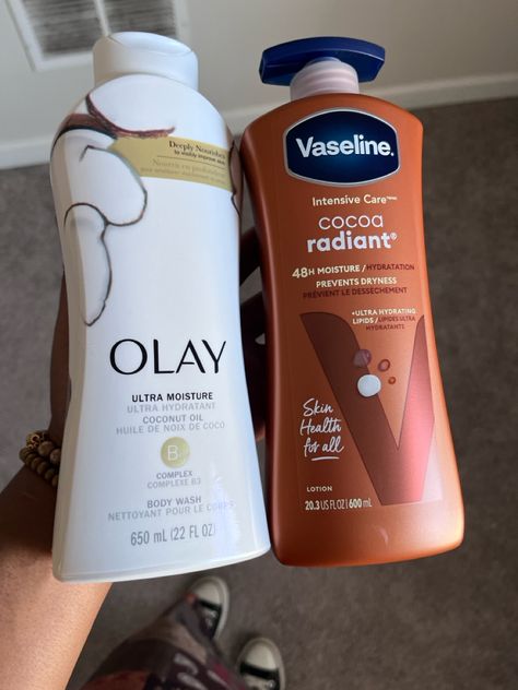 Olay coconut body wash & vaseline cocoa butter lotion Vaseline Body Butter, Vaseline Cocoa Butter Aesthetic, Coco Butter Lotion Skin, Cocoa Vaseline Lotion, Cocoa Body Wash, Vaseline Cocoa Butter Lotion, Olay Coconut Body Wash, Vaseline Cocoa Radiant Lotion, Coconut Vanilla Body Lotion