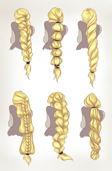 dreamwips: “Got round to colouring these. Rapunzel hair concepts for my and Emily’s Rise of the Brave Tangled Dragons webcomic. ” Drawing Long Hairstyles, Long Hair From The Back Drawing, Braided Hair Character Design, Drawing Of Braided Hair, Messy Braid Drawing Reference, Twin Braids Drawing Reference, Hair Like Rapunzel, Greek Hairstyles Drawing, Braid Crown Drawing Reference