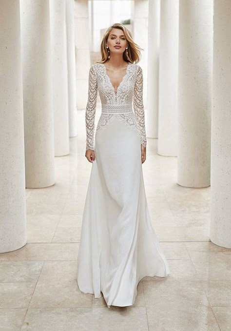 Wedding Dress out of Rosa Clará (SENIN), silhouette sheath, neckline v-neck, floor, long sleeve Outdoor Wedding Attire, Rosa Clara Wedding Dresses, Lace Dress Casual, Dresses Aesthetic, White Wedding Dress, فستان سهرة, Princess Dresses, Lace Mermaid Wedding Dress, Wedding Dress Sleeves