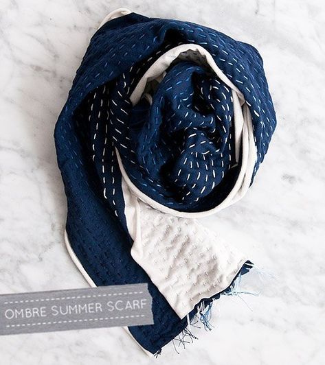 This Ombre Sashiko scarf is so beautiful and perfect for summer. The tutorial is easy to follow and great for beginners. #scarf #summerstyle #summerscarf #sashiko #sashikoembroidery #sashikoscarf #ombrescarf #craftgossip Embroidery 101, Embroidery Scarf, Sewing Machine Needle, Sashiko Boro, Diy Ombre, Alabama Chanin, Boro Sashiko, Scarf Tutorial, Embroidered Scarf