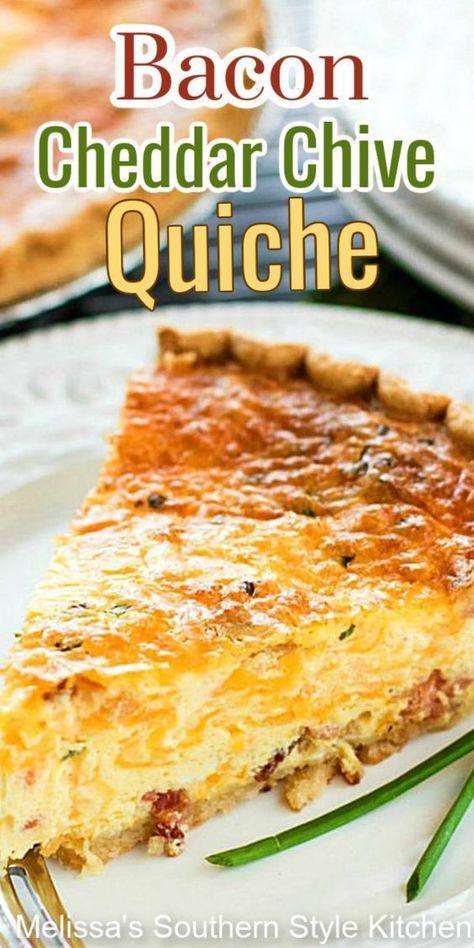 Bacon Cheddar Chive Quiche Bacon Cheddar Quiche, Bacon And Cheese Quiche, Cheddar Quiche, Cheese Quiche Recipe, Thanksgiving Brunch, Breakfast Quiche Recipes, Quiche Recipes Easy, Easy Bacon, Cheese Quiche