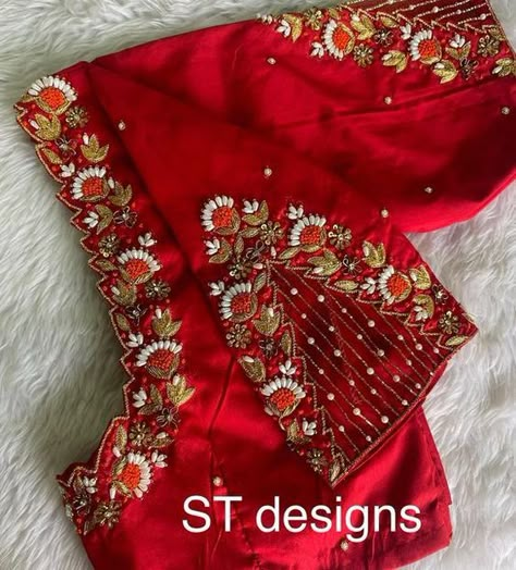 Maggam Work For Lehenga Blouse, Magam Work On Red Blouse, Big Border Blouse Designs Latest, Bridal Wedding Blouse Design, Netted Maggam Work Blouse Designs, Red Blouse Embroidery Designs, Bride Blouse Designs India, Red Aari Work Blouse Designs, Red Blouse Aari Work Designs