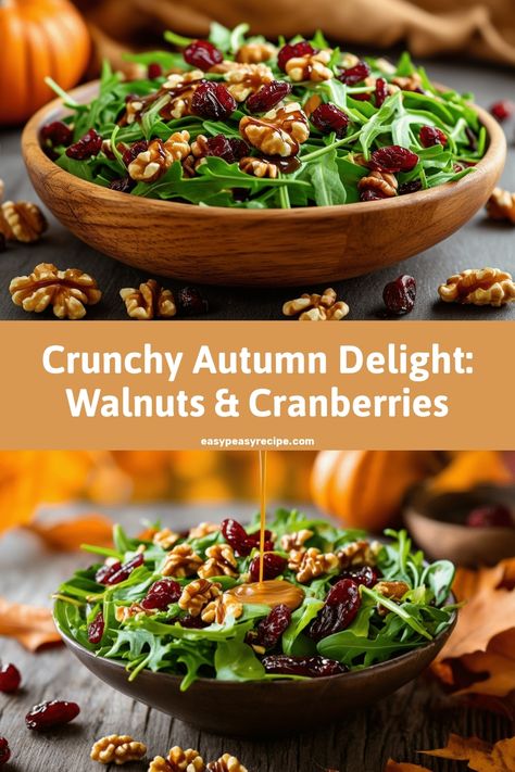 Wooden bowls filled with green leafy salad, walnuts, and dried cranberries topped with a drizzle of maple dressing. Autumn Apple Walnut Salad With Maple Dijon, Salad With Walnuts And Cranberries, Cranberry Walnut Salad, Maple Dressing, Salad With Walnuts, Winter Salads, Apple Walnut Salad, Autumn Salad Recipes, Winter Salad Recipes