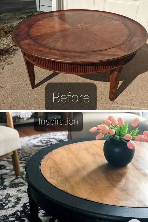 17 DIY Coffee Table Makeover Ideas Using 10 Different Techniques (Before & After) Wooden Table Renovation, Turn Coffee Table Into Ottoman, Restaining Wood Coffee Table, Old Round Table Makeover, Painted Black Coffee Table, Tabletop Refinishing Ideas, Coffee Table Refurbish Ideas, Octagon Coffee Table Makeover, Repurposed Coffee Table Ideas Upcycling