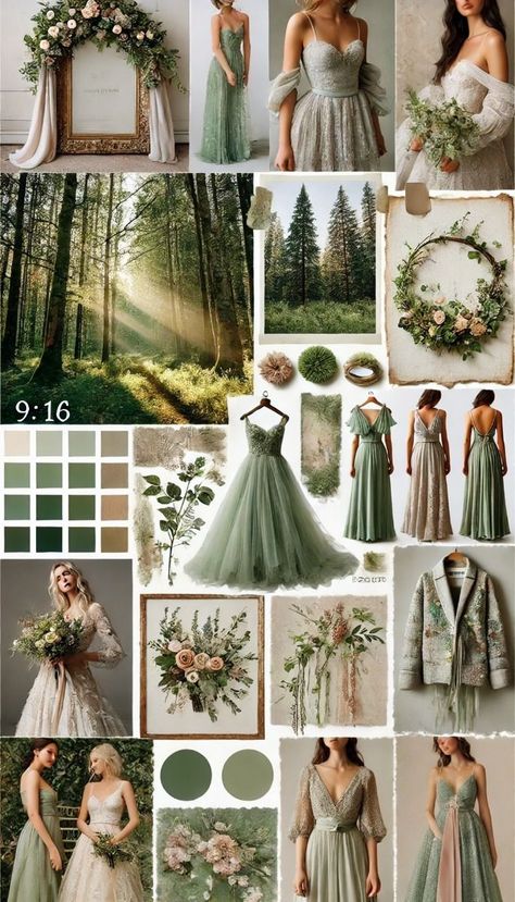 Forest Aesthetic Wedding Decor, Autumn Enchanted Forest Wedding, Forest Theme Wedding Colors, Green Asthetics Wedding, Mood Board Nature Inspiration, Whimsical Forest Wedding Theme, Enchanted Forest Wedding Theme Decor, Green Aesthetic Wedding Decor, Fairy Woodsy Wedding