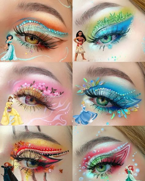 Disney Princess Eye Makeup, Disney Make Up Looks, Cool Eye Makeup Looks Creative, Creative Eye Makeup Tutorial, Creative Eye Makeup Design, Princess Inspired Makeup, Crazy Makeup Art, Christmas Makeup Looks Simple, Disney Makeup Looks