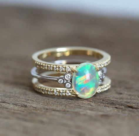 Colorful Engagement Rings, Gold Opal Jewelry, Opal Wedding Set, Opal Engagement Ring Set, Cluster Diamond Ring, Wedding Ring Sets Unique, Diamond Ring Unique, Opal Diamond Ring, Double Band Rings