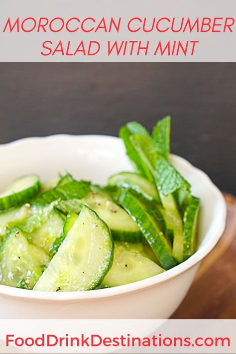 This tangy Moroccan cucumber salad with mint is a perfect side dish for roasted meats and fish or burgers. It also makes a great Moroccan salad recipe to pair with other salads. Turkish Cucumber Salad, Moroccan Appetizer Recipes, Middle Eastern Cucumber Salad, Moroccan Salad Recipe, Moroccan Sides, Moroccan Recipes Authentic, Africa Dishes, Moroccan Side Dishes, Recipes With Mint