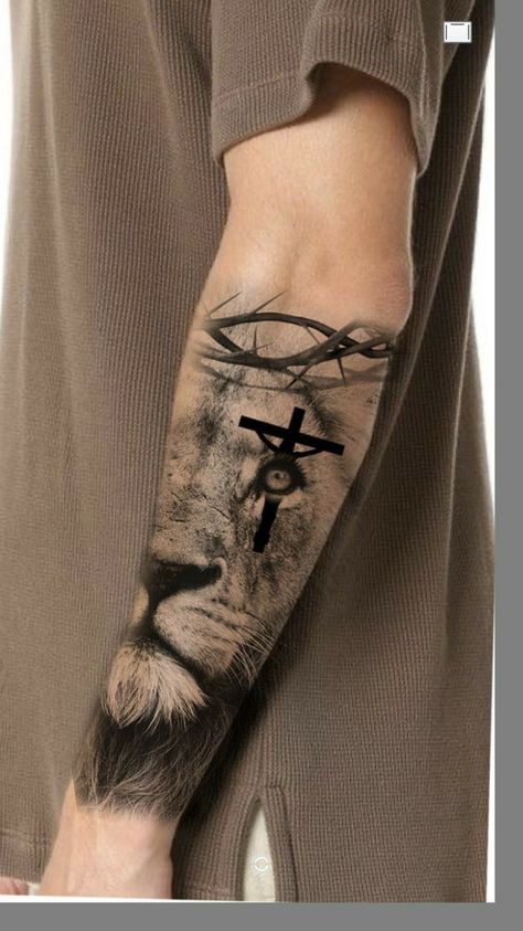 Outside Forearm Tattoo Men Ideas, Outdoors Tattoo For Men, Christian Tattoos For Men Forearm, Faith Tattoo Men, Christian Tattoos For Women Sleeve, Cross Tattoo On Forearm, Lion Cross Tattoo, God Tattoos For Men, Leones Tattoo