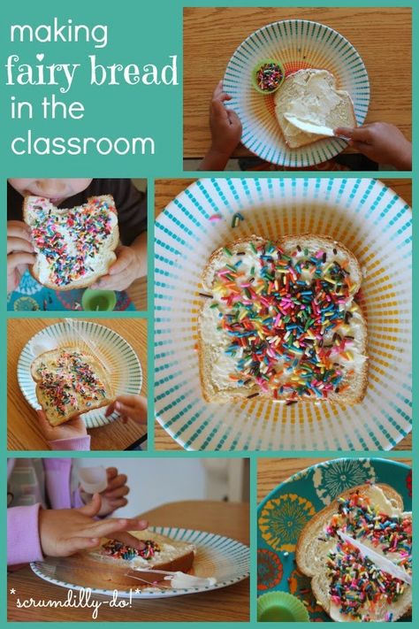 scrumdilly-do!: making fairy bread in the classroom Fairy Tail Theme Preschool Activities, Fairy Tale Snacks For Preschool, Fairy Tale Snacks, Fantasy And Fairytale Preschool, Fairy Bread Ideas, Fairy Tale Prek Activities, Fairy Snacks, Fairy Tale Science, Fairy Tales Preschool Activities