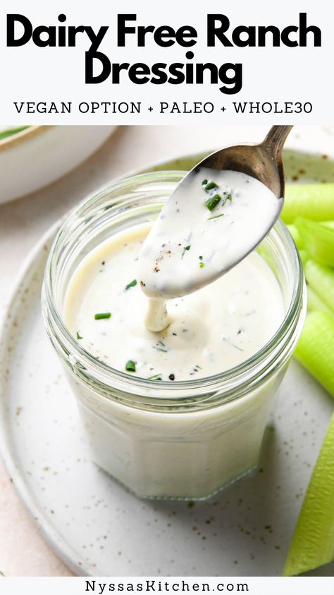 This dairy free ranch dressing is made with a few simple ingredients that you likely already have on hand. Made without milk or dairy and it's ready in less than 5 MINUTES! So delicious as a dip or a salad dressing. A healthy and tasty alternative to everyone's favorite sauce. Whole30, paleo, gluten free, dairy free, vegan option, keto, low carb. Dairy Free Caesar Dressing, Avocado Lime Ranch, Dairy Free Ranch, Dairy Free Salad Dressing, Buttermilk Baking, Avocado Lime Ranch Dressing, Dairy Free Ranch Dressing, Dairy Free Dressing, Dairy Free Sauces