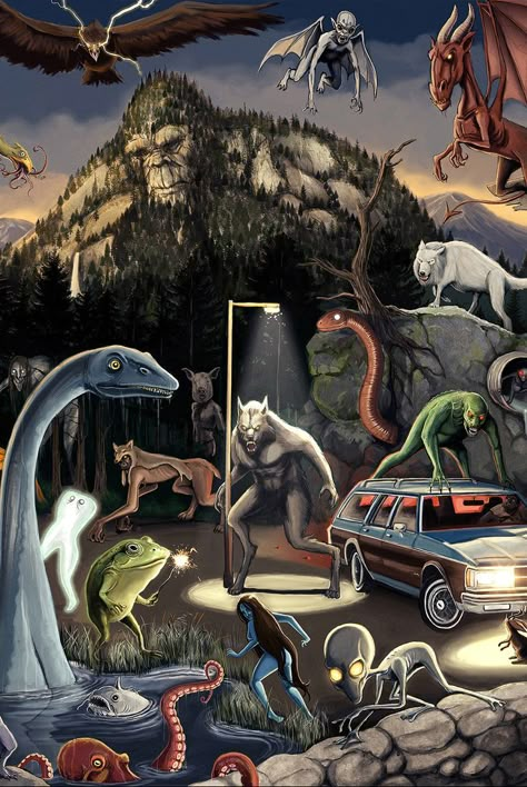 Poster containing over 40 Cryptids of North America from Bigfoot to the Jersey Devil Cryptids Creatures Art, Cryptid Art, Monster Lover, Myths & Monsters, Monster Legends, Loch Ness Monster, Jersey Devil, Loch Ness, Lowbrow Art