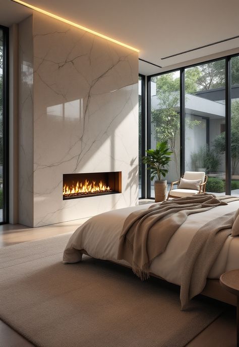 Tiny Apartment Bathroom Master Bed Fireplace, Linear Fireplace In Bedroom, Modern Bedroom With Fireplace, Primary Bedroom Fireplace, Fireplace In Master Bed, Bedroom Fireplace Ideas Master, Modern Bedroom Fireplace, Bedroom With Fireplace Ideas, Bedroom Fireplace Wall