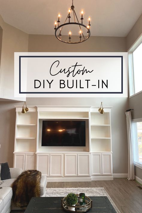 Ready to take on building an entertainment center for your family room? It’s not as difficult as you might think. So if you’re willing to invest the time and effort, you can create your own custom built-in for a fraction of what the professionals charge. Read on to find out how we designed and created this piece in just a week! Tv Wall Ideas Living Room High Ceiling, Built In Shelves Living Room Tall Wall, Built In Tv Wall Unit High Ceiling, Diy Built In Tv Wall Unit, Tv Wall Entertainment Center Ideas, Built In Tv Wall Unit Diy, Entertainment Center Built In, Custom Entertainment Center Built Ins, Green Entertainment Center