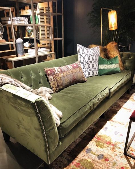 On Trend - Velvet at High Point Market - French Country Cottage Cool Sofas, Green Velvet Tufted Sofa, Velvet Couch Living Room, Courtney Allison, Living Room Elegant, Velvet Sofa Living Room, Velvet Sofas, Small Sectional Sofa, Mountain Mama