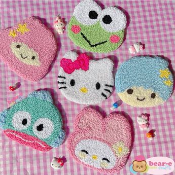 #sanrio #sanriocore #sanrioaesthetic #hellokitty #mymelody #kiki #lala #littletwinstars #hangyodon #keroppi #coasters #punchneedle #punchneedlecoaster Sanrio Punch Needle, Punch Needle Aesthetic, Rug Tufting Ideas, Crafty Hobbies, Punch Needling, Kiki Lala, Hello Kitty Crafts, Cute Coasters, Kawaii Diy