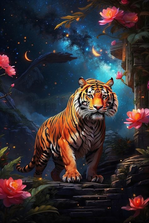 Mystical Tiger Fantasy Art, Tiger Spirit Animal, Save The Tiger, Strange Art, Purple Flowers Wallpaper, Spirit Animal Art, Animal Spirit, Punk Art, Tiger Art