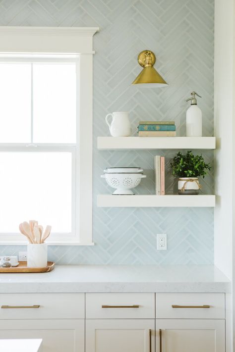 Light Blue Backsplash, Modern Coastal Kitchen, Mantel Styling, Blue Kitchen Tiles, Light Blue Kitchens, Coastal Kitchen Decor, Blue Backsplash, Condo Kitchen, Beach House Kitchens