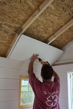 Paneling a Shed Ceiling Garden Shed Diy, Shed Studio, Shed Makeover, Installing Shiplap, She Shed Ideas, Shed Office, Wood Shed Plans, Craft Shed, Shed Interior