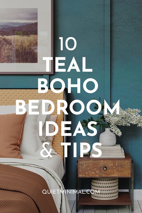 10 Teal Boho Bedroom Ideas (Stunning Color Tips) - Quiet Minimal - Interior Design Inspiration & Ideas Teal Bedroom Furniture Ideas, Peacock Wall Color, Teal Bedding Ideas Bedroom, Peacock Blue Bedroom Walls, Boho Bedroom With Dark Walls, Peacock Color Bedroom Ideas, Bedding For Teal Walls, Turquoise Wall Bedroom, Peacock Color Palette Bedroom