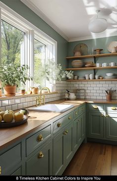 Kitchen Cabinet Color Ideas Wood Countertops, Best Cabinet Colors With Butcher Block, Aesthic Kitchens, Sage Green Countertops Kitchen, Kitchen Design Swatches, Cabinet Colors With Butcher Block Counters, Basement Kitchen Cabinet Colors, Kitchens Cabinets Colors, Kitchen Ideas Not White