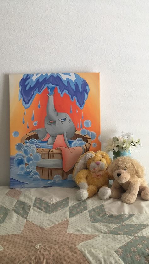 "Dumbo taking a bath" 16x20 acrylic painting for $100. If interested please email me anyascanvas@gmail.com Dumbo Painting, Dumbo Drawing, Dumbo Cartoon, Children Drawing, Disney Canvas Art, Disney Canvas, Baby Canvas, Taking A Bath, Cute Canvas Paintings