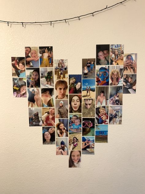 Hart Photo Wall, 4x6 Picture Wall Ideas, Heart Collage Wall, Heart Collage Template Layout, Ways To Put Photos On Wall, Heart Foto Collage, Heart Out Of Pictures On Wall, 4x6 Wall Collage, Love Heart Picture Wall